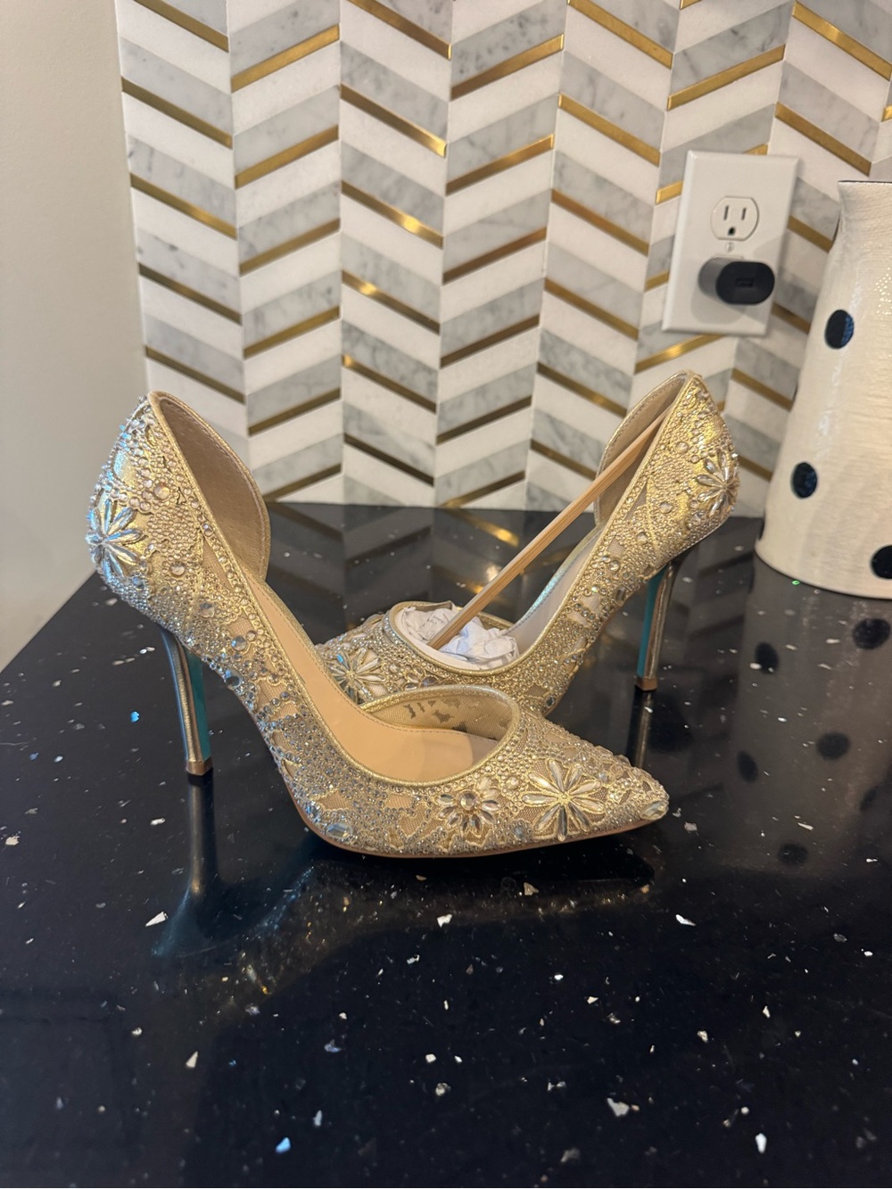 Betsy Johnson Gold Embroidered Pointed-Toe Stiletto Heels